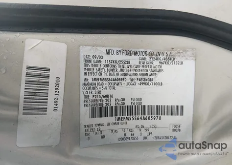 2004 Mercury Sable Ls Premium from USA, damaged, VIN 1MEFM55S64A605970